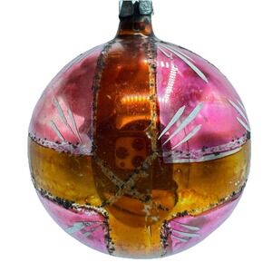 Vintage Glass Flowers Red Silver Paneled Ball Christmas Ornament Poland Germany
